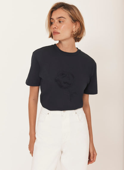 Navy Rose Motif T-Shirt