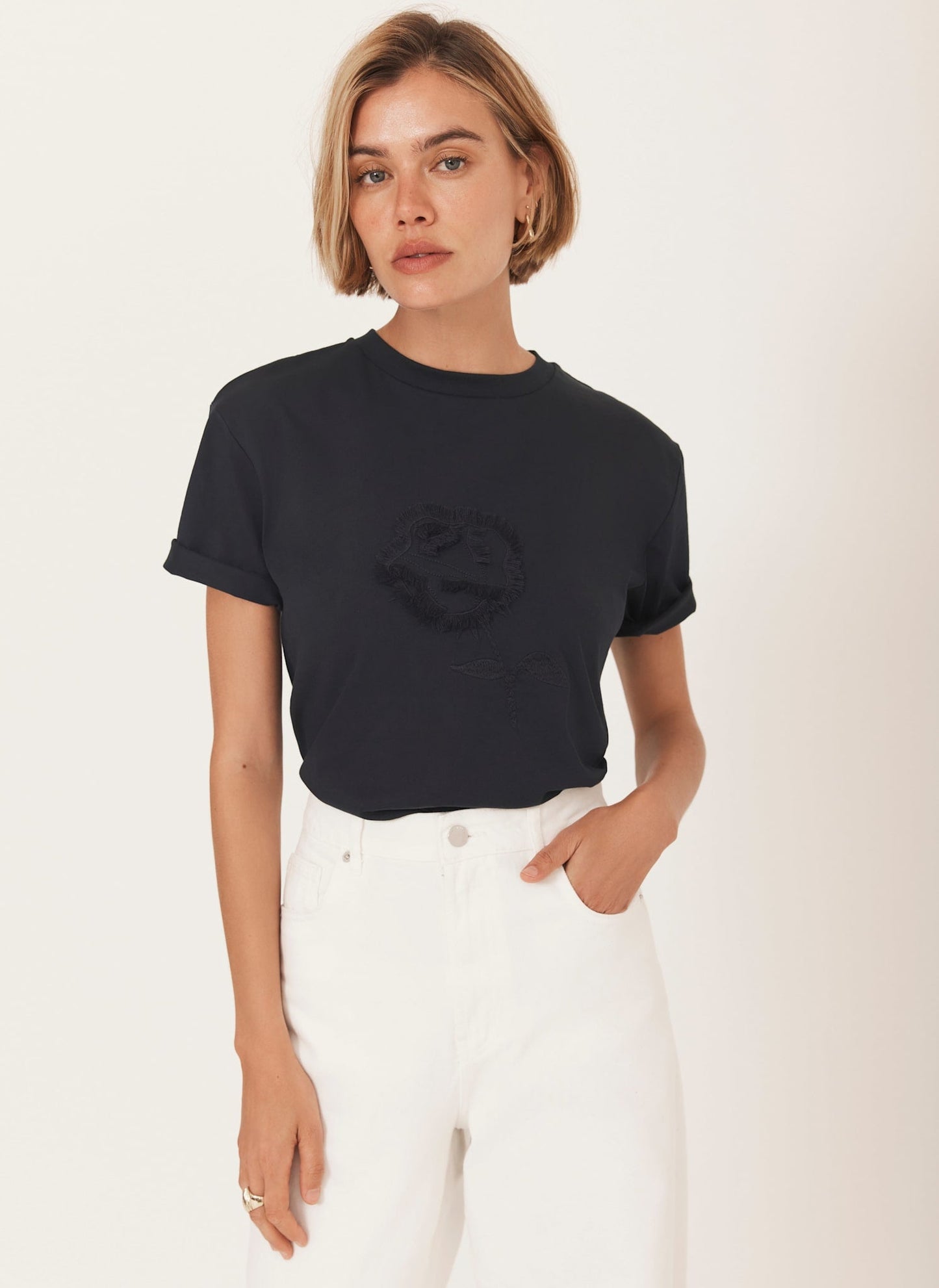 Navy Rose Motif T-Shirt