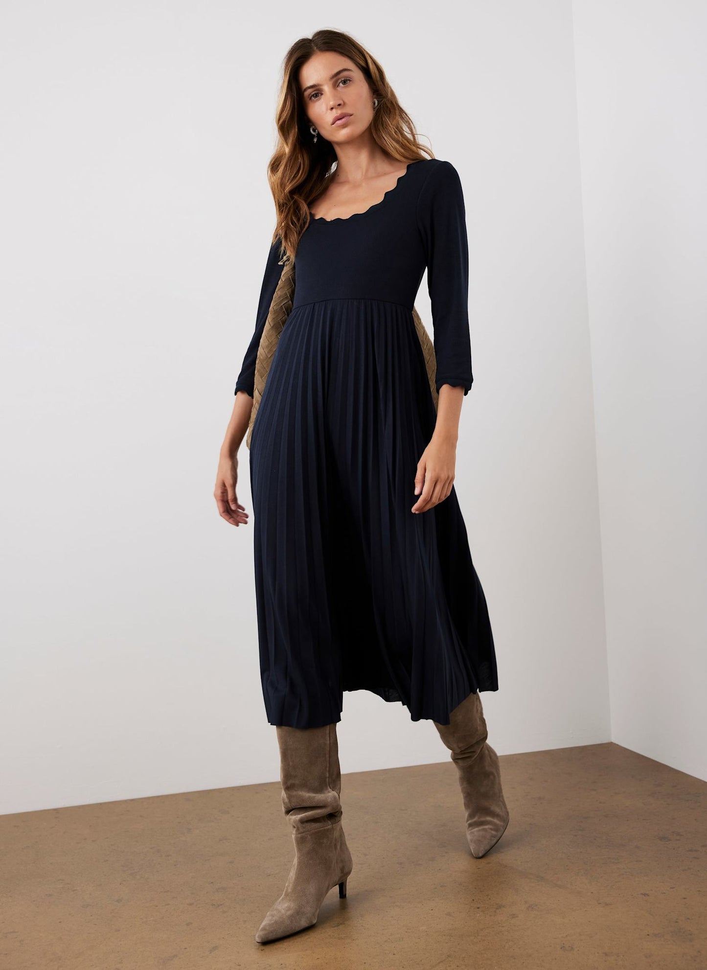 Navy Scallop Jersey Mix Midi Dress