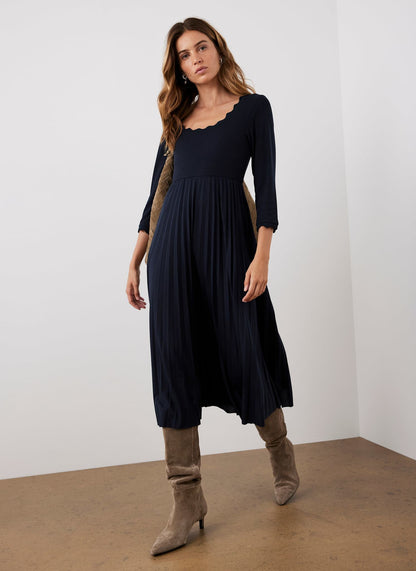 Navy Scallop Jersey Mix Midi Dress