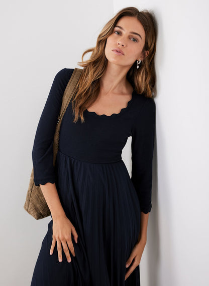 Navy Scallop Jersey Mix Midi Dress