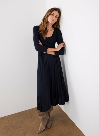 Navy Scallop Jersey Mix Midi Dress