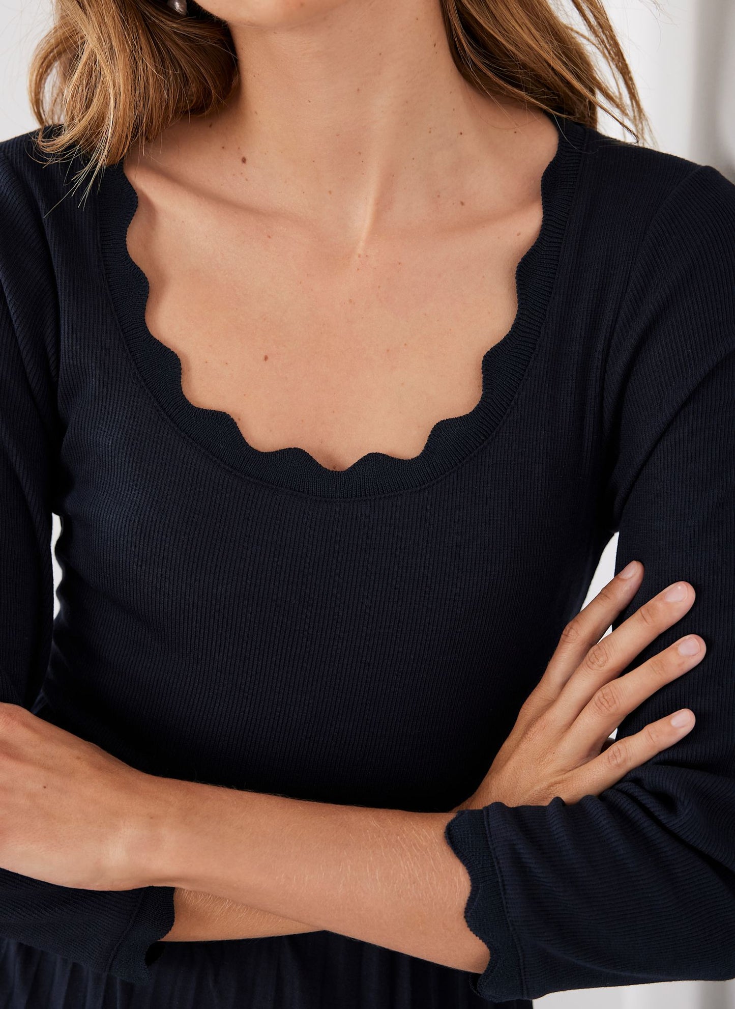 Navy Scallop Jersey Mix Midi Dress