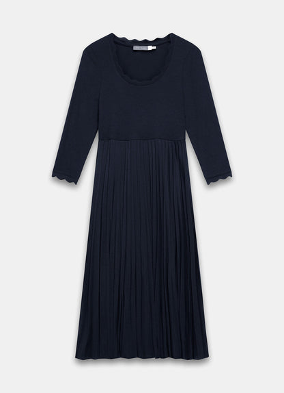 Navy Scallop Jersey Mix Midi Dress