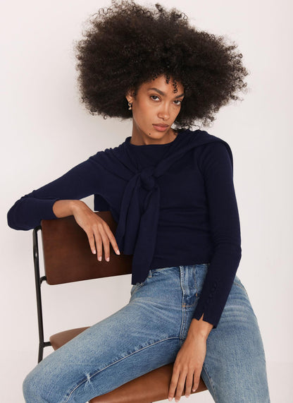 Navy Cotton Blend Scarf Detail Jumper
