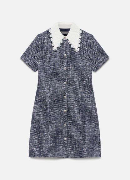 Navy Statement Collar Boucle Mini Dress