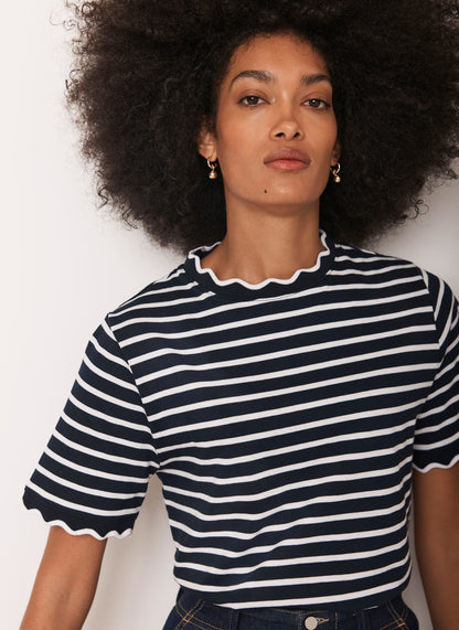 Navy Stripe Scallop Trim T-Shirt