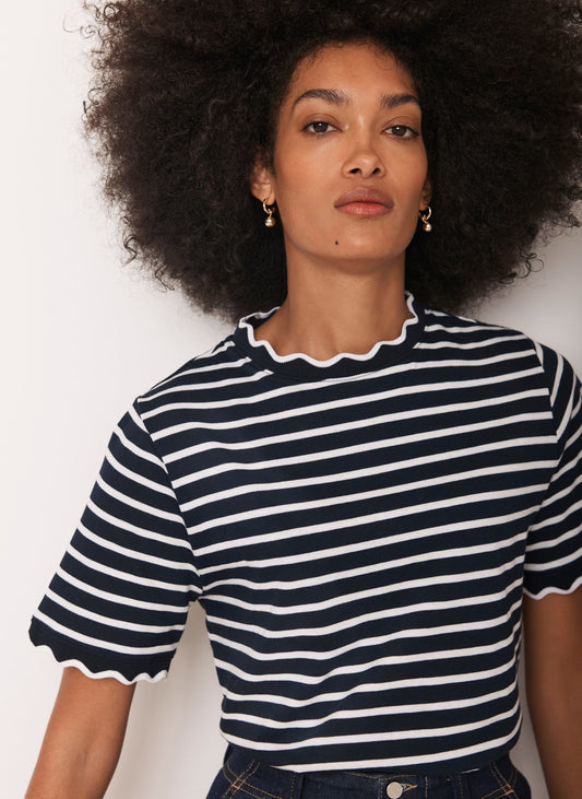 Navy Stripe Scallop Trim T-Shirt