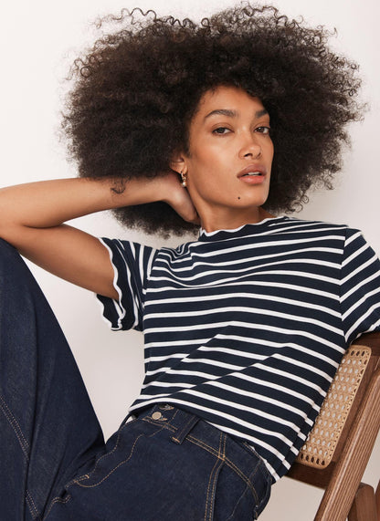 Navy Stripe Scallop Trim T-Shirt
