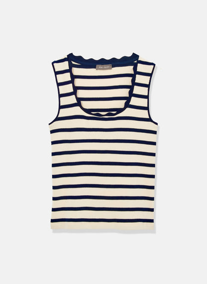 Navy Striped Scallop Trim Vest Top