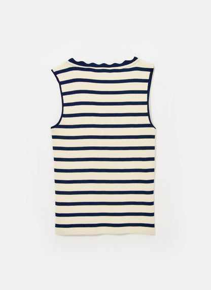 Navy Striped Scallop Trim Vest Top