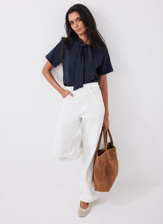 Navy Cotton Tie Neck Top