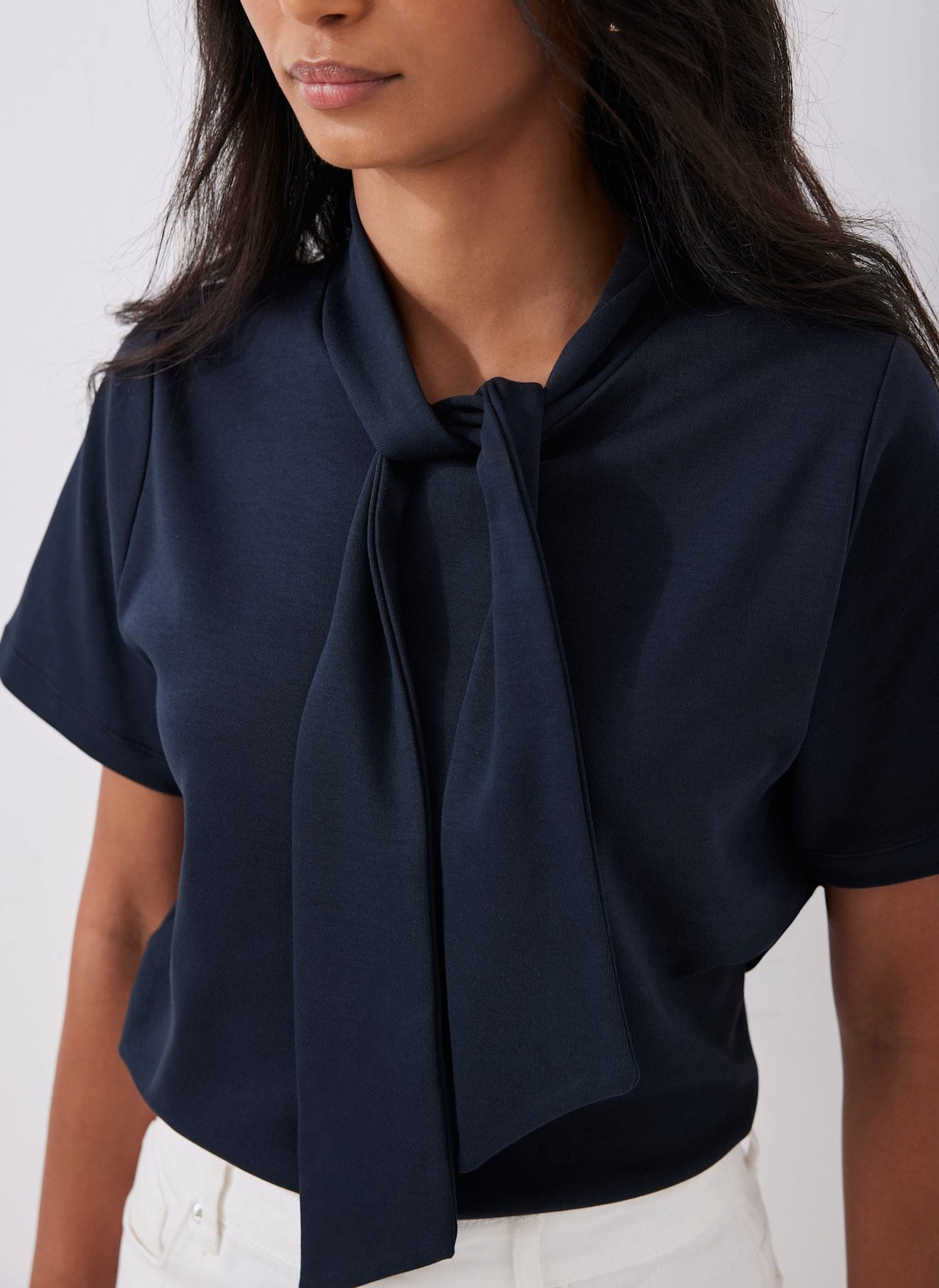 Navy Cotton Tie Neck Top
