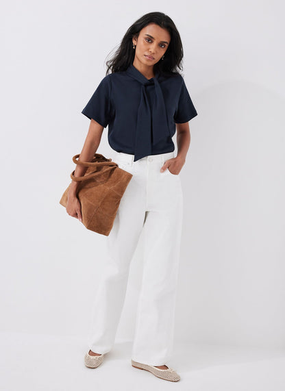 Navy Cotton Tie Neck Top