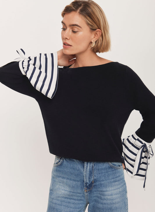 Navy Cotton Blend Striped Cuff Knit Jumper