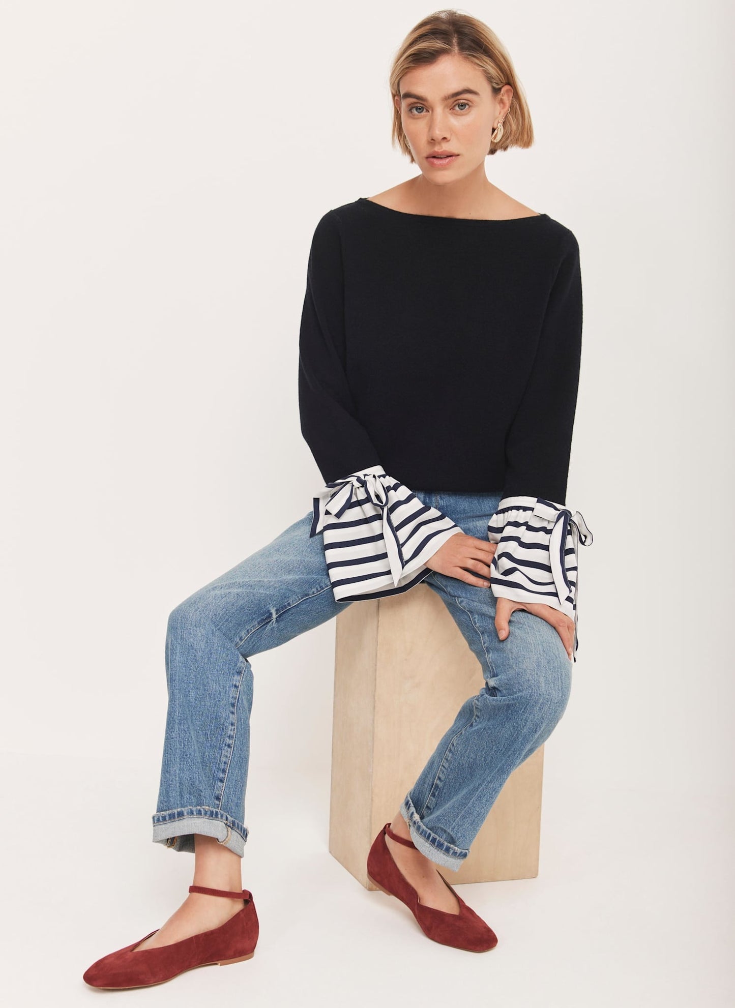 Navy Cotton Blend Striped Cuff Knit Jumper