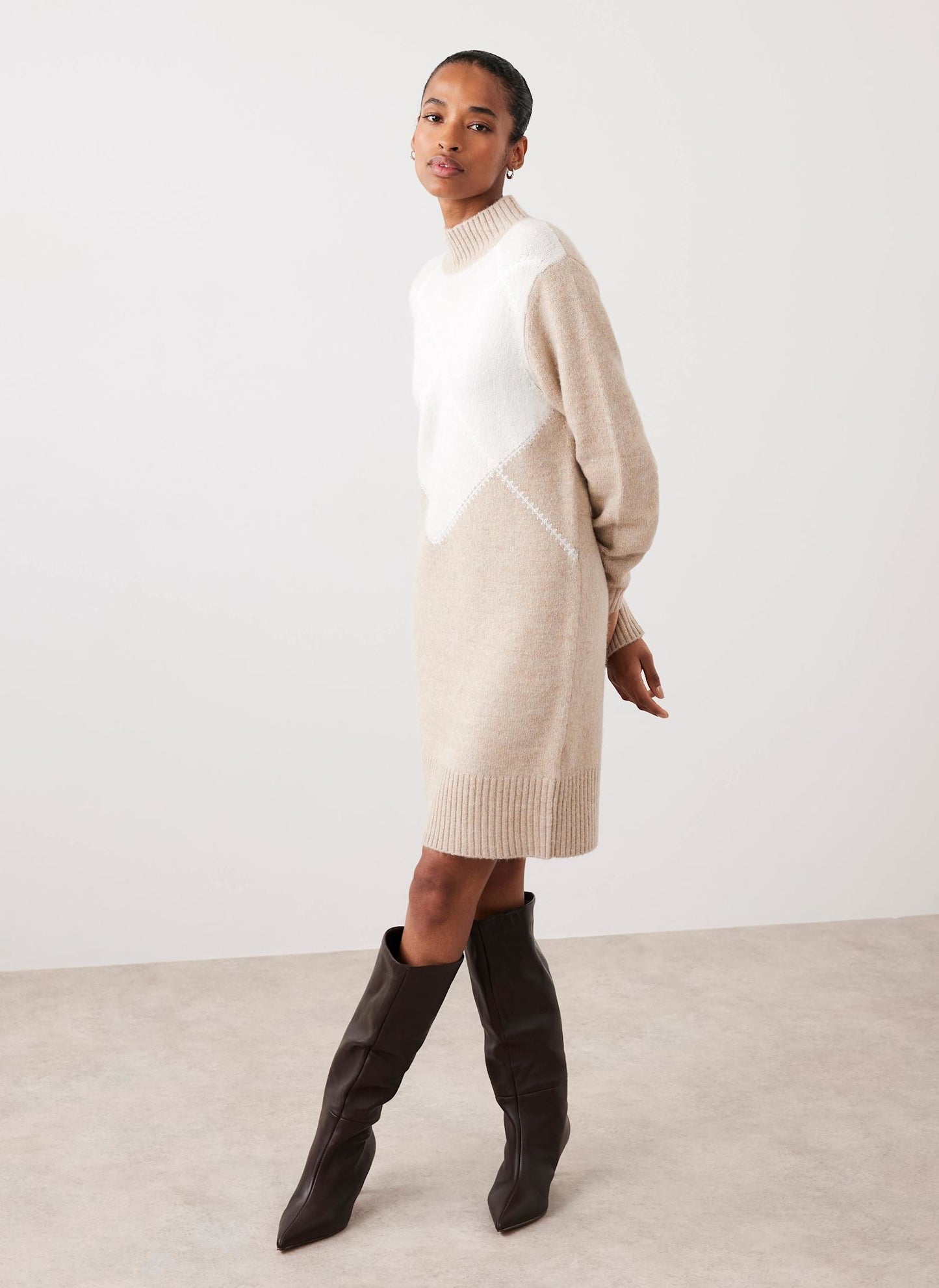 Neutral Argyle Knit Mini Dress