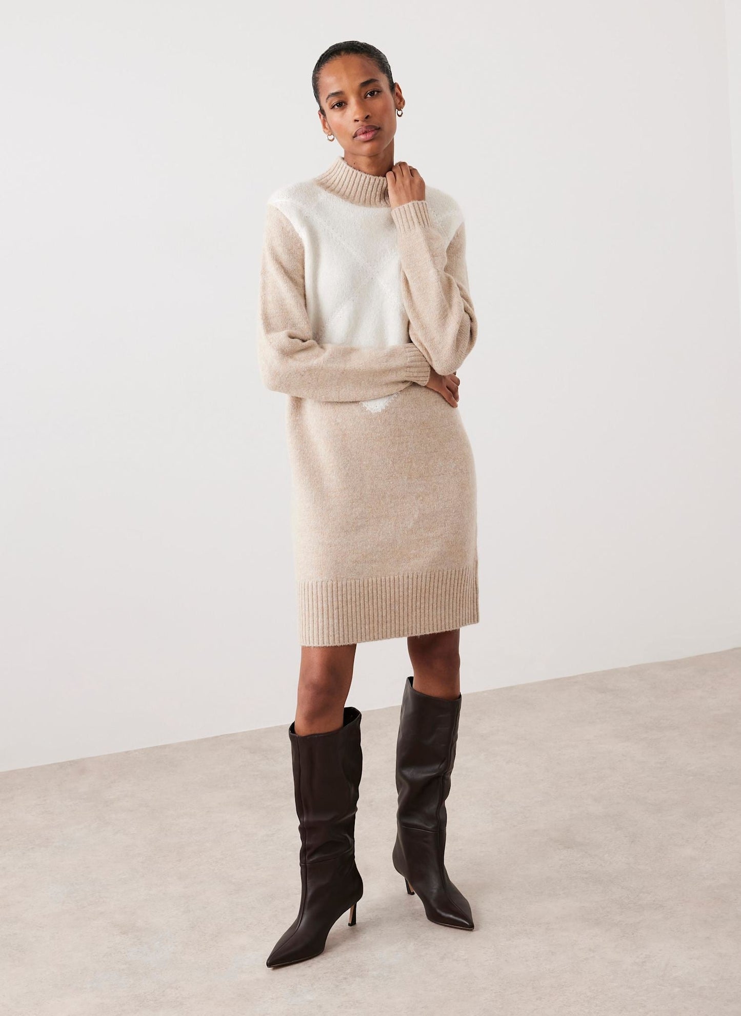 Neutral Argyle Knit Mini Dress