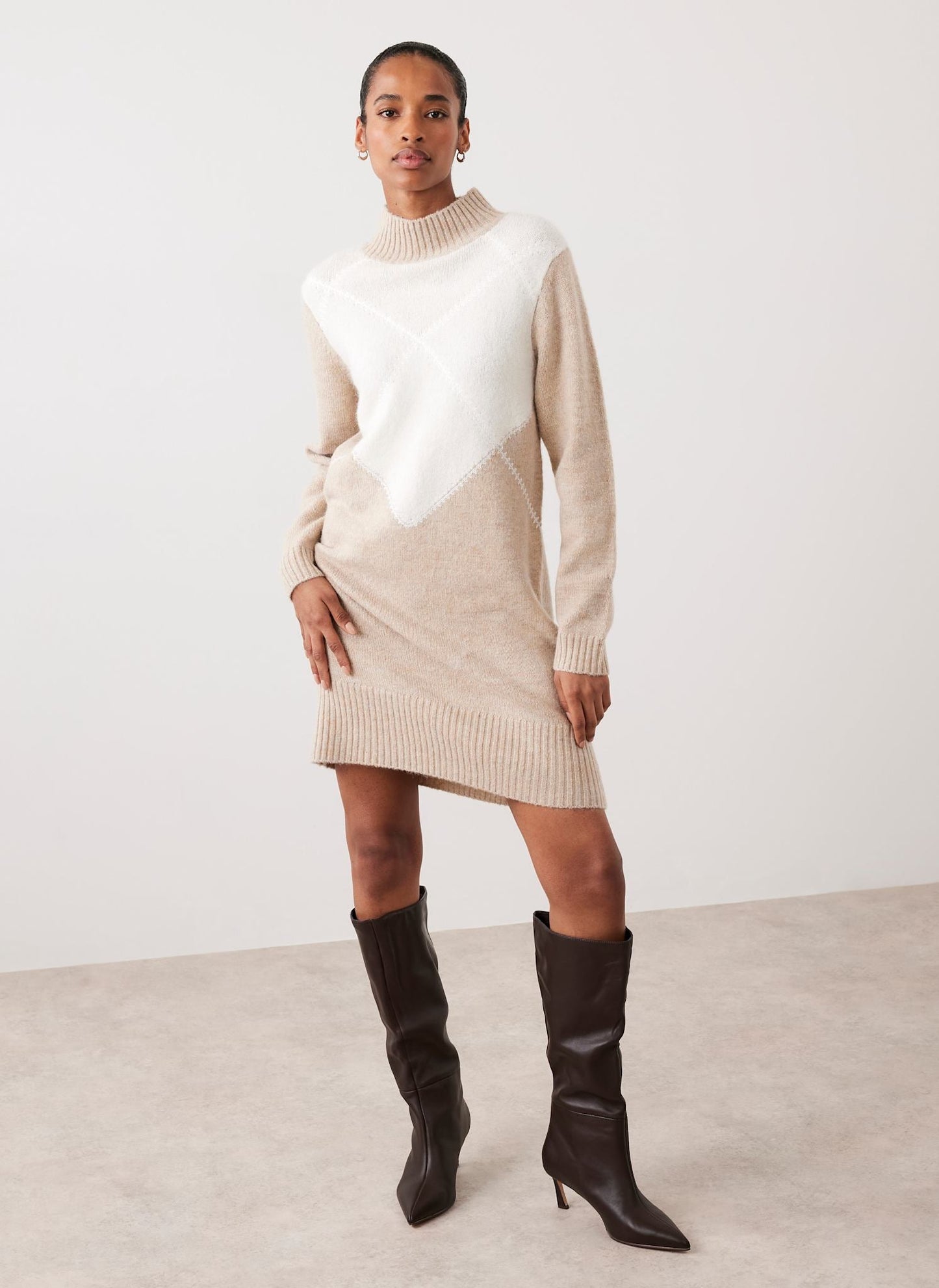 Neutral Argyle Knit Mini Dress
