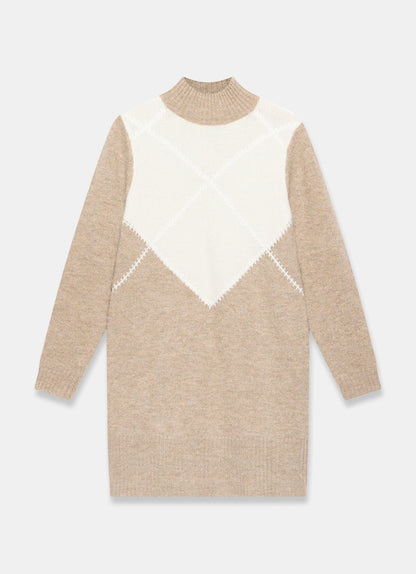 Neutral Argyle Knit Mini Dress