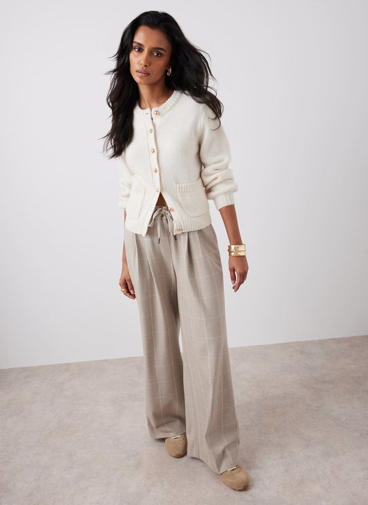 Neutral Checked Tailored Wide Trousers