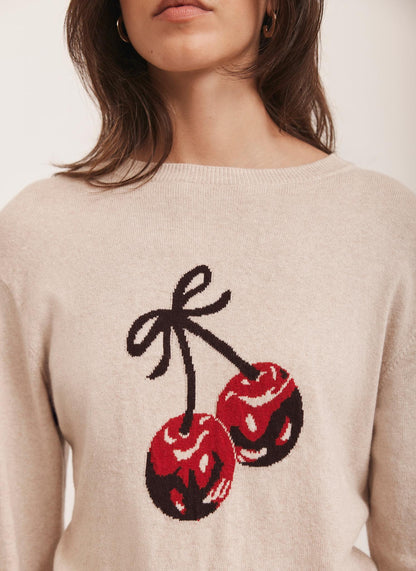 Neutral Cotton Blend Cherry Knit Jumper