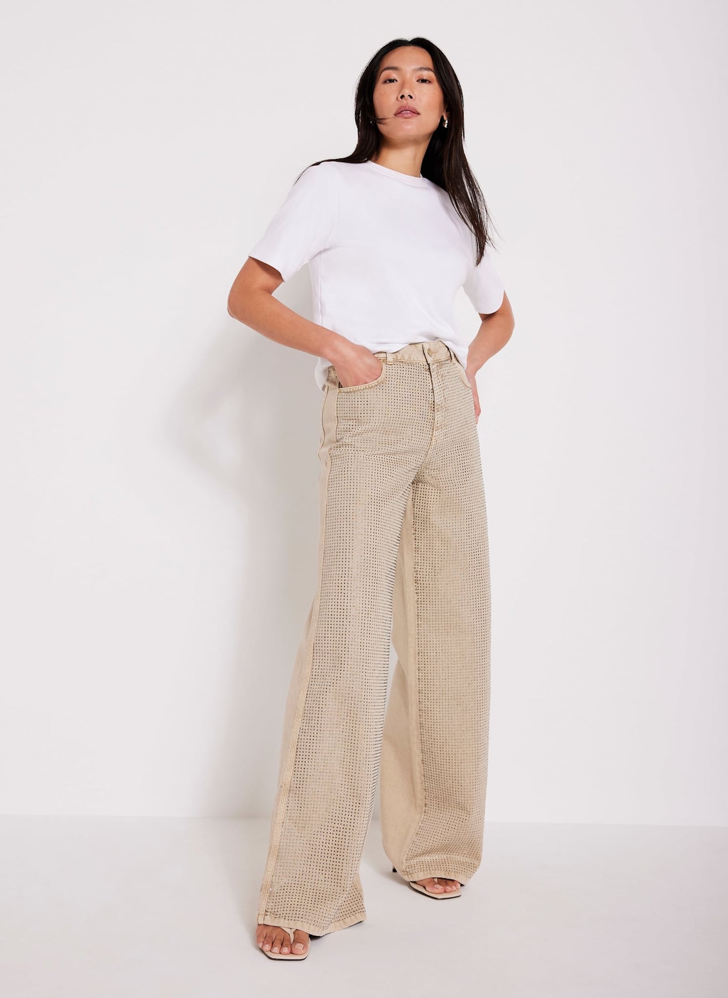 Neutral Diamante Wide Leg Jeans
