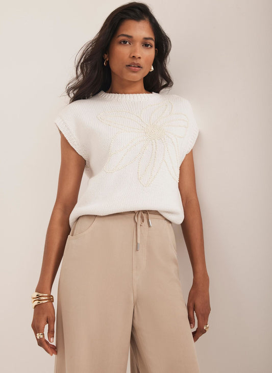 Neutral Floral Embellished Knit Top