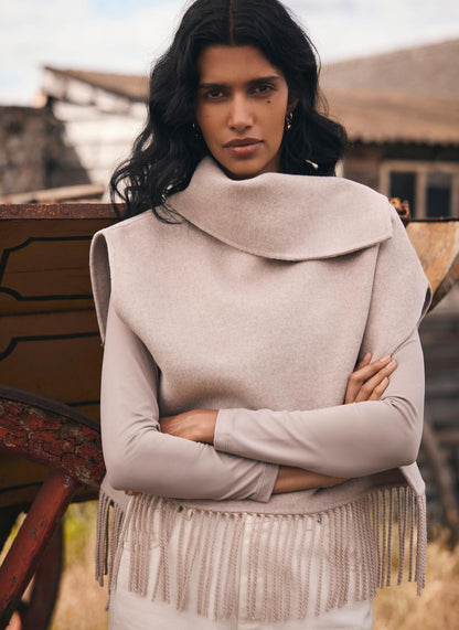Neutral Wool Blend Fringed Poncho