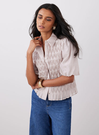 Neutral Puff Sleeve Smock Shirt