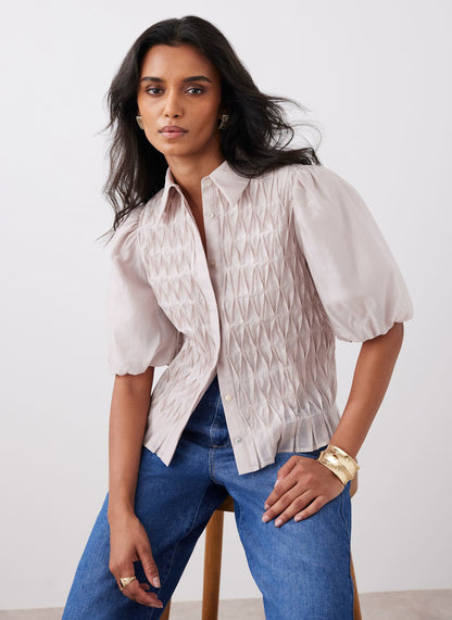 Neutral Puff Sleeve Smock Shirt