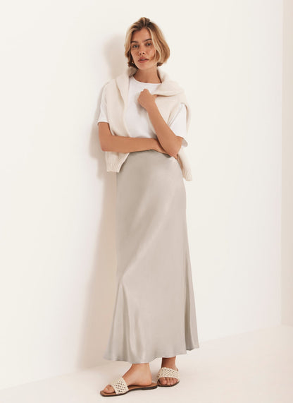 Neutral Satin Slip Midi Skirt