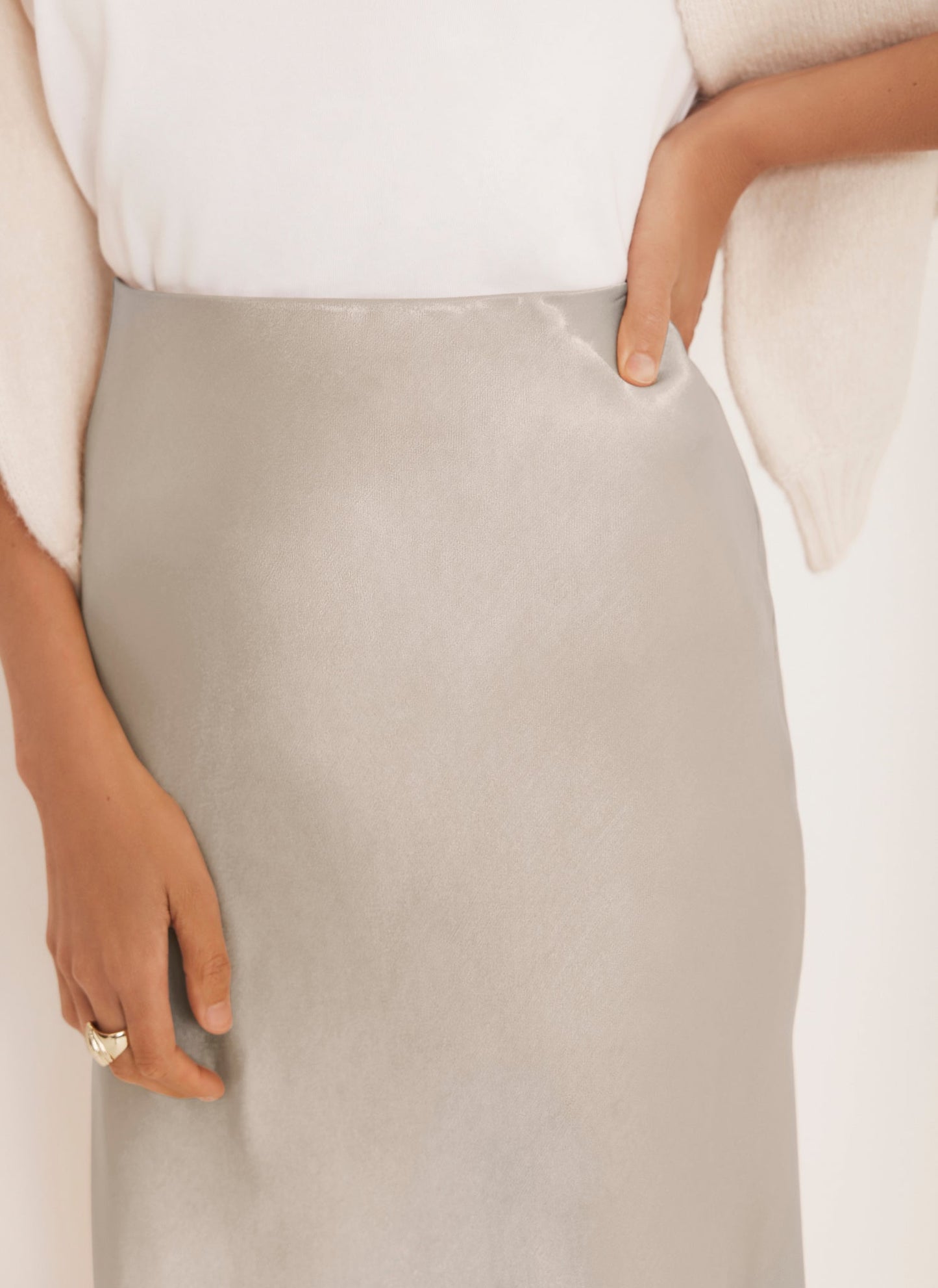 Neutral Satin Slip Midi Skirt