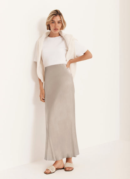 Neutral Satin Slip Midi Skirt
