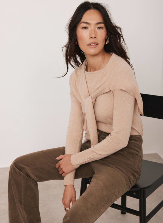 Neutral Cotton Blend Scarf Detail Knit Jumper