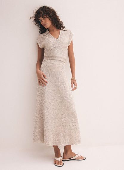 Neutral Sequin Knit Midi Dress