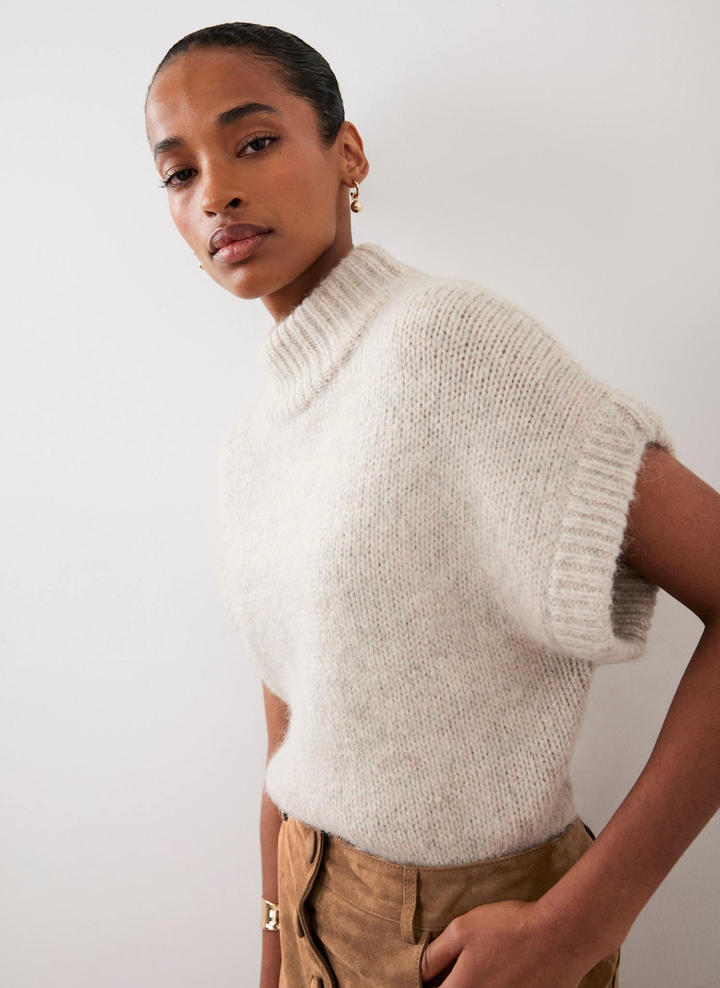 Neutral Wool Blend Sleeveless Knit Top