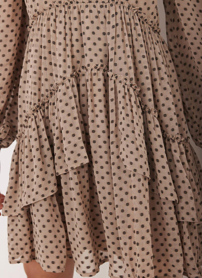 Neutral Jacquard Polka Dot Mini Dress