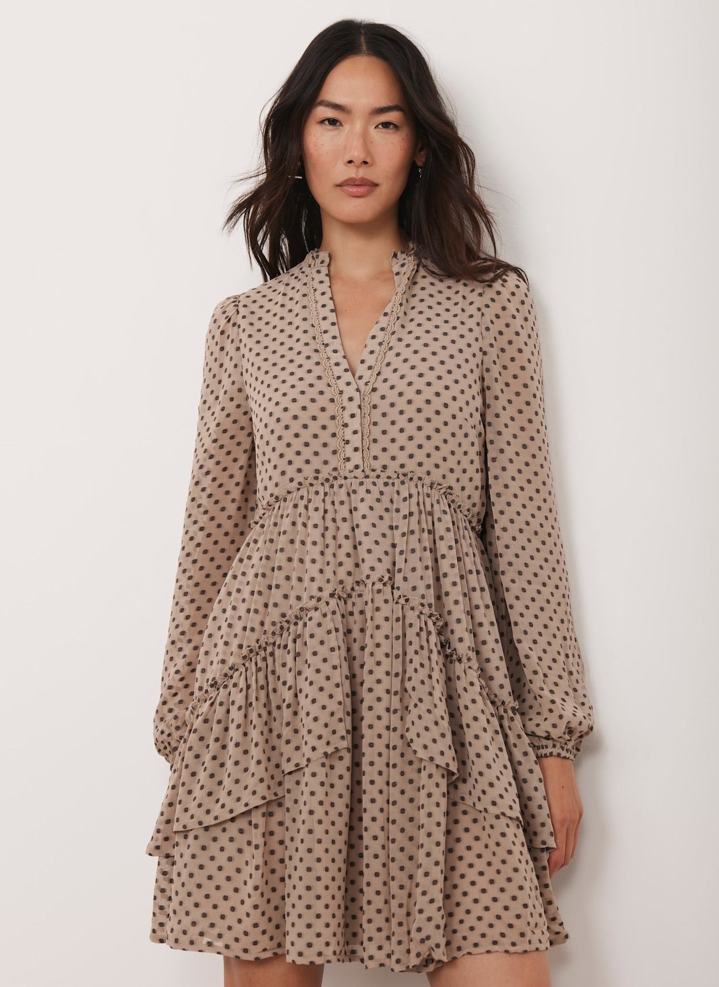 Neutral Jacquard Polka Dot Mini Dress