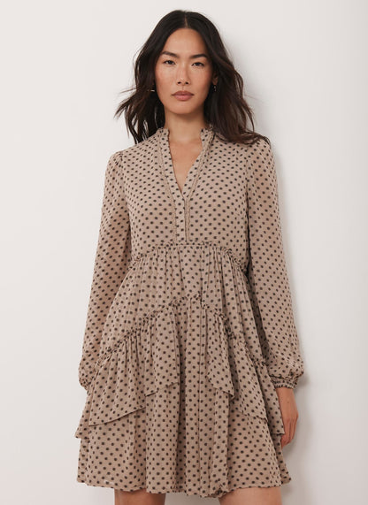 Neutral Jacquard Polka Dot Mini Dress