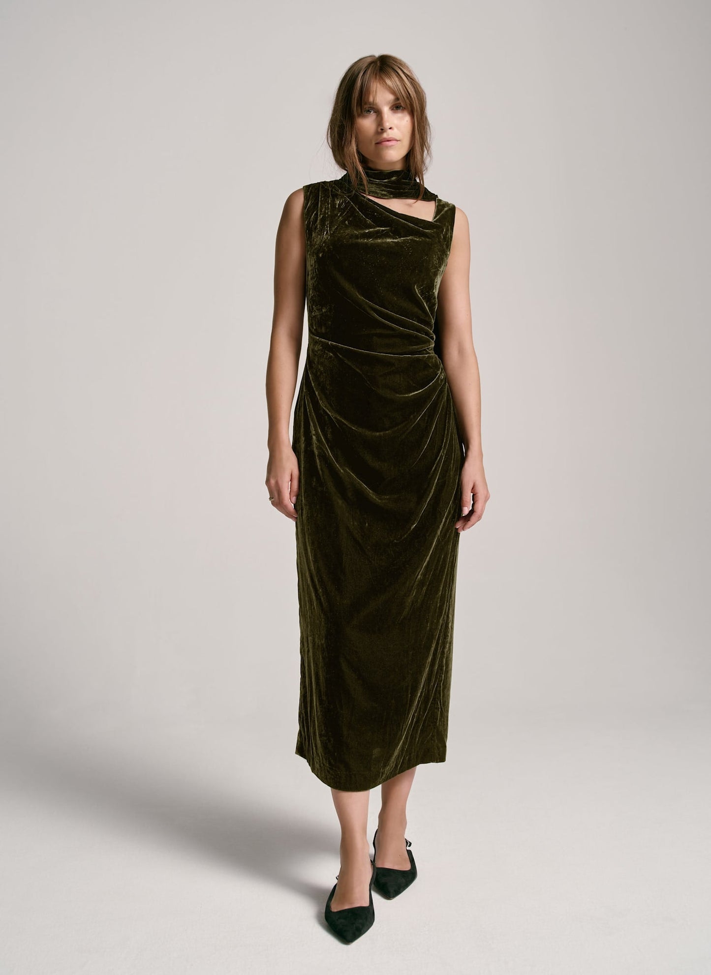 Green Velvet Scarf Detail Midi Dress