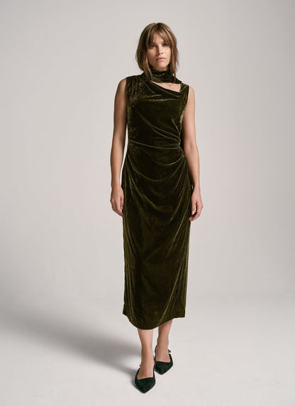 Green Velvet Scarf Detail Midi Dress