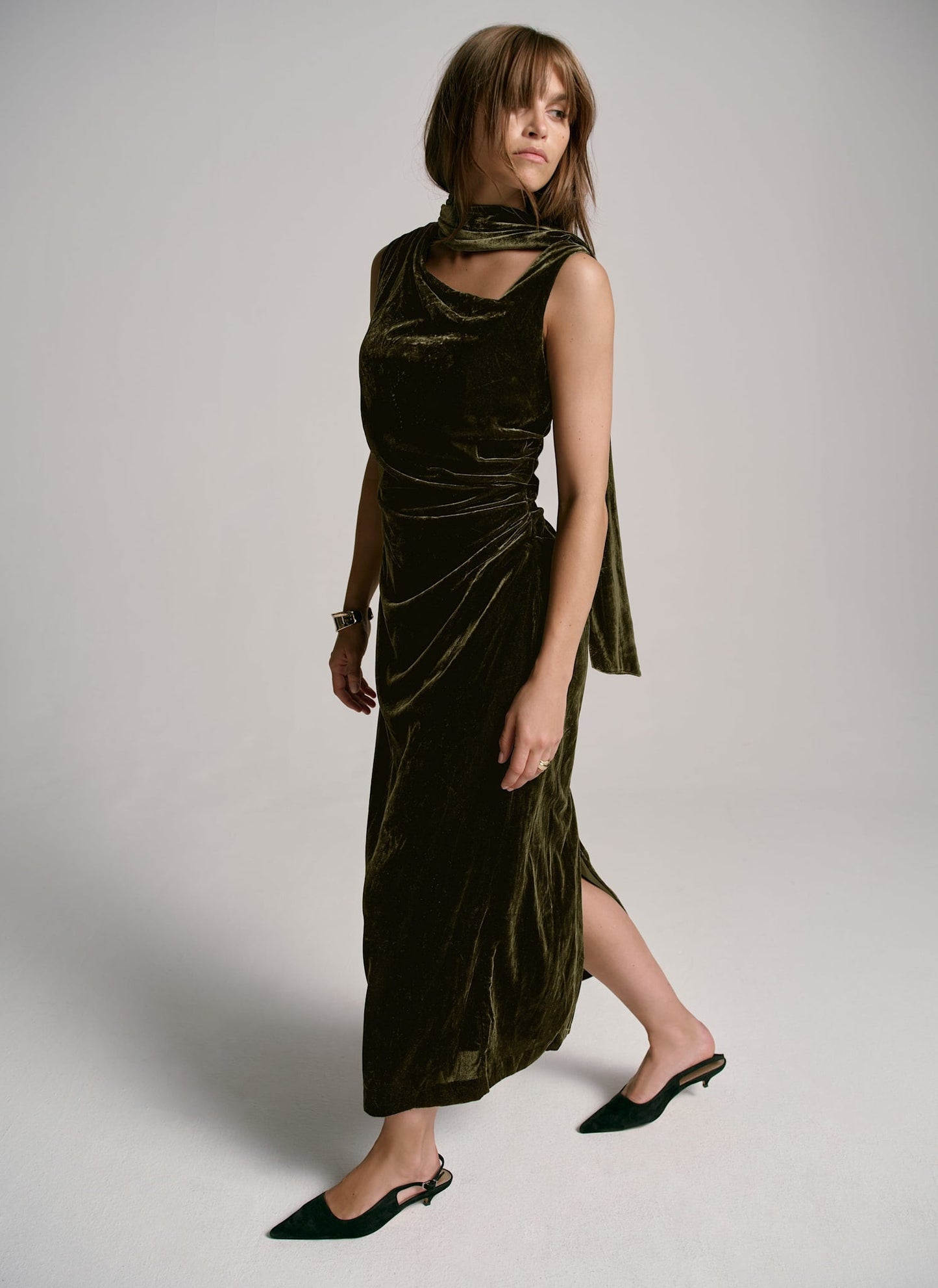 Green Velvet Scarf Detail Midi Dress