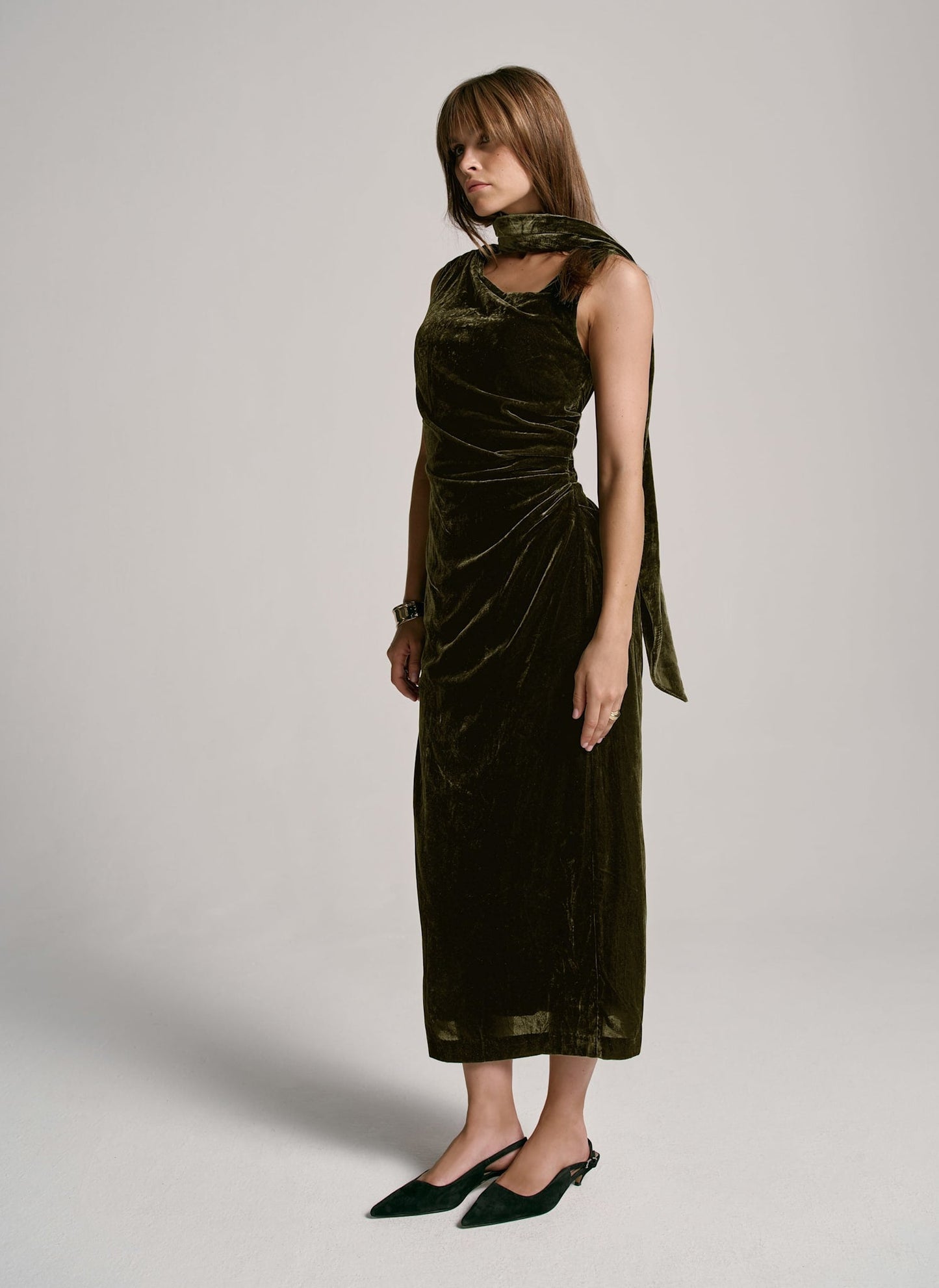 Green Velvet Scarf Detail Midi Dress