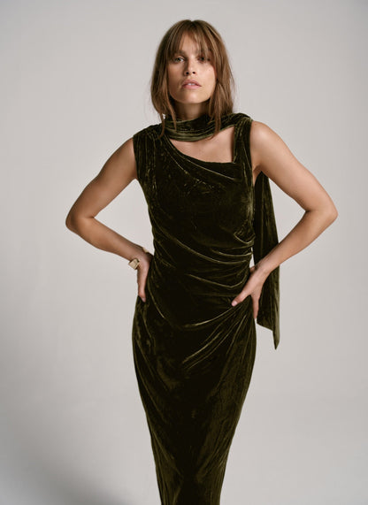 Green Velvet Scarf Detail Midi Dress