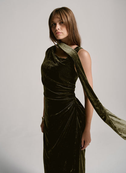 Green Velvet Scarf Detail Midi Dress