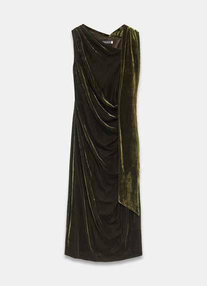 Green Velvet Scarf Detail Midi Dress