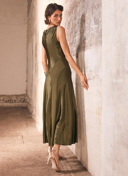 Green Panelled Satin Maxi Dress