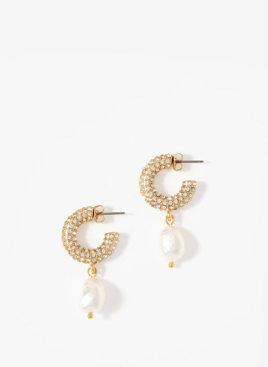 Gold Tone Pave Hoop Pearl Earrings
