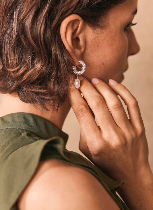 Silver Tone Pave Hoop Pearl Earrings